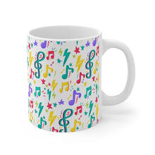 Load image into Gallery viewer, Brightly Colored Sheet Music Symbols Mug 11oz/15oz Musician Gift Unisex Shipping Included