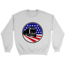Load image into Gallery viewer, Diesel Locomotive On American Flag Unisex Sweat Shirt Multi Colors Extended Sizes Shipping Included