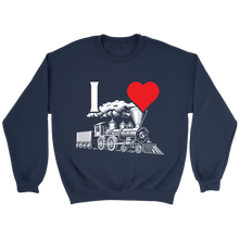 Load image into Gallery viewer, I Heart Trains Locomotive Unisex Sweat Shirt Multi Colors Extended Sizes Shipping Included