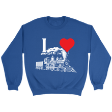Load image into Gallery viewer, I Heart Trains Locomotive Unisex Sweat Shirt Multi Colors Extended Sizes Shipping Included