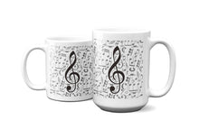Load image into Gallery viewer, Treble Clef Over Music Symbol Background Mug 11oz/15oz Multi Shapes Singer Musician Gift Unisex Shipping Included