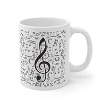 Load image into Gallery viewer, Treble Clef Over Music Symbol Background Mug 11oz/15oz Multi Shapes Singer Musician Gift Unisex Shipping Included