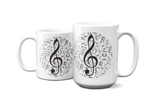 Load image into Gallery viewer, Treble Clef Over Music Symbol Background Mug 11oz/15oz Multi Shapes Singer Musician Gift Unisex Shipping Included