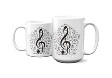Load image into Gallery viewer, Treble Clef Over Music Symbol Background Mug 11oz/15oz Multi Shapes Singer Musician Gift Unisex Shipping Included