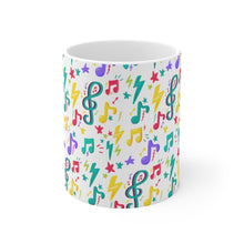 Load image into Gallery viewer, Brightly Colored Sheet Music Symbols Mug 11oz/15oz Musician Gift Unisex Shipping Included