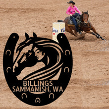 Load image into Gallery viewer, Stylized Horse Owner Horseshoe Monogram - Steel Sign, Multi Sizes & Colors, Horseback Rider Stall Stable Marker Plaque