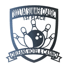 Load image into Gallery viewer, Classy Bowling "Badge" Trophy, Sponsor Appreciation, Family Name Precision Laser Cut Steel Sign, Multi Sizes & Colors