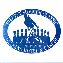 Load image into Gallery viewer, Oval Male/Female Bowler Unique Trophy, Sponsor Appreciation, Monogram Laser Cut Steel Sign, Multi Sizes & Colors