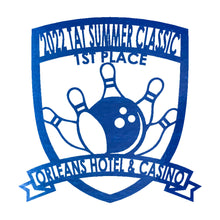 Load image into Gallery viewer, Classy Bowling "Badge" Trophy, Sponsor Appreciation, Family Name Precision Laser Cut Steel Sign, Multi Sizes & Colors