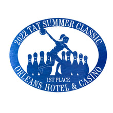 Load image into Gallery viewer, Oval Male/Female Bowler Unique Trophy, Sponsor Appreciation, Monogram Laser Cut Steel Sign, Multi Sizes & Colors