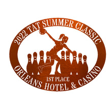 Load image into Gallery viewer, Oval Male/Female Bowler Unique Trophy, Sponsor Appreciation, Monogram Laser Cut Steel Sign, Multi Sizes & Colors