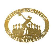 Load image into Gallery viewer, Oval Male/Female Bowler Unique Trophy, Sponsor Appreciation, Monogram Laser Cut Steel Sign, Multi Sizes & Colors