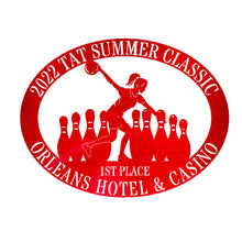 Load image into Gallery viewer, Oval Male/Female Bowler Unique Trophy, Sponsor Appreciation, Monogram Laser Cut Steel Sign, Multi Sizes & Colors