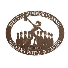 Load image into Gallery viewer, Oval Male/Female Bowler Unique Trophy, Sponsor Appreciation, Monogram Laser Cut Steel Sign, Multi Sizes & Colors