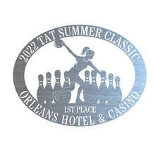 Load image into Gallery viewer, Oval Male/Female Bowler Unique Trophy, Sponsor Appreciation, Monogram Laser Cut Steel Sign, Multi Sizes & Colors