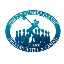 Load image into Gallery viewer, Oval Male/Female Bowler Unique Trophy, Sponsor Appreciation, Monogram Laser Cut Steel Sign, Multi Sizes & Colors