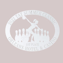 Load image into Gallery viewer, Oval Male/Female Bowler Unique Trophy, Sponsor Appreciation, Monogram Laser Cut Steel Sign, Multi Sizes & Colors