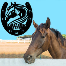 Load image into Gallery viewer, Stylized Horse Owner Horseshoe Monogram - Steel Sign, Multi Sizes & Colors, Horseback Rider Stall Stable Marker Plaque