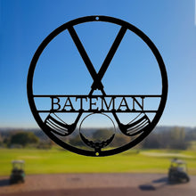 Load image into Gallery viewer, CROSSED GOLF CLUBS and Golf Ball Monogram - Steel Sign, Multiple Sizes and Colors Available