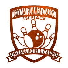 Load image into Gallery viewer, Classy Bowling "Badge" Trophy, Sponsor Appreciation, Family Name Precision Laser Cut Steel Sign, Multi Sizes & Colors