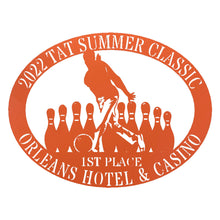 Load image into Gallery viewer, Oval Male/Female Bowler Unique Trophy, Sponsor Appreciation, Monogram Laser Cut Steel Sign, Multi Sizes & Colors