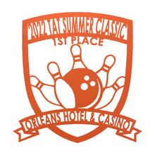 Load image into Gallery viewer, Classy Bowling "Badge" Trophy, Sponsor Appreciation, Family Name Precision Laser Cut Steel Sign, Multi Sizes & Colors