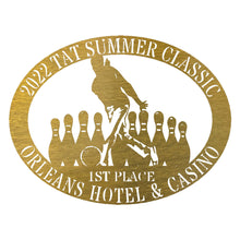 Load image into Gallery viewer, Oval Male/Female Bowler Unique Trophy, Sponsor Appreciation, Monogram Laser Cut Steel Sign, Multi Sizes & Colors