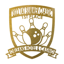 Load image into Gallery viewer, Classy Bowling "Badge" Trophy, Sponsor Appreciation, Family Name Precision Laser Cut Steel Sign, Multi Sizes & Colors