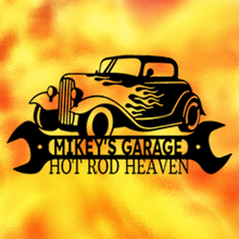 Load image into Gallery viewer, Flamin' Hot Street Rod Monogram Steel Plaque, Hotrod Coupe Flames Memorabilia Garage Workshop