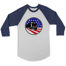 Load image into Gallery viewer, Diesel Locomotive Over Flag Background, 3/4 Raglan Sleeve Unisex Shirt, Multiple Colors, Shipping Included