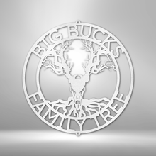 Load image into Gallery viewer, Rustic Cool Deer Skull Family Tree Monogram - Steel Sign, Multi Sizes & Colors, Hunter Hunting Metal Cabin Lodge Camp