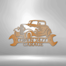 Load image into Gallery viewer, Flamin' Hot Street Rod Monogram Steel Plaque, Hotrod Coupe Flames Memorabilia Garage Workshop