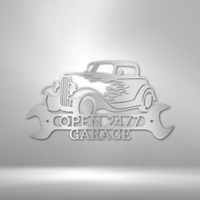 Load image into Gallery viewer, Flamin' Hot Street Rod Monogram Steel Plaque, Hotrod Coupe Flames Memorabilia Garage Workshop