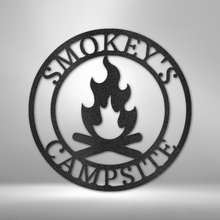 Load image into Gallery viewer, Roaring Campfire Monogram Steel Sign, Customizable Text, Great Gift for Outdoors Lover