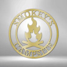 Load image into Gallery viewer, Roaring Campfire Monogram Steel Sign, Customizable Text, Great Gift for Outdoors Lover