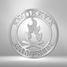 Load image into Gallery viewer, Roaring Campfire Monogram Steel Sign, Customizable Text, Great Gift for Outdoors Lover