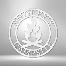 Load image into Gallery viewer, Roaring Campfire Monogram Steel Sign, Customizable Text, Great Gift for Outdoors Lover