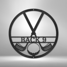 Load image into Gallery viewer, CROSSED GOLF CLUBS and Golf Ball Monogram - Steel Sign, Multiple Sizes and Colors Available