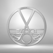 Load image into Gallery viewer, CROSSED GOLF CLUBS and Golf Ball Monogram - Steel Sign, Multiple Sizes and Colors Available