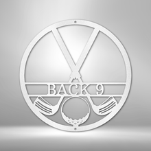 Load image into Gallery viewer, CROSSED GOLF CLUBS and Golf Ball Monogram - Steel Sign, Multiple Sizes and Colors Available