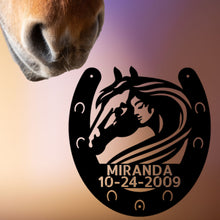 Load image into Gallery viewer, Stylized Horse Owner Horseshoe Monogram - Steel Sign, Multi Sizes & Colors, Horseback Rider Stall Stable Marker Plaque