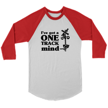 Load image into Gallery viewer, One Track Mind - 3/4 Raglan Sleeve Unisex Shirt, Multiple Colors, Shipping Included