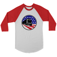 Load image into Gallery viewer, Diesel Locomotive Over Flag Background, 3/4 Raglan Sleeve Unisex Shirt, Multiple Colors, Shipping Included