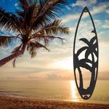 Load image into Gallery viewer, Surfboard with Palm Tree Silhouette, Stock Laser Cut Steel Wall Art, Multi Sizes & Colors