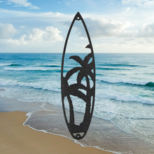 Load image into Gallery viewer, Surfboard with Palm Tree Silhouette, Stock Laser Cut Steel Wall Art, Multi Sizes & Colors