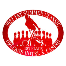 Load image into Gallery viewer, Oval Male/Female Bowler Unique Trophy, Sponsor Appreciation, Monogram Laser Cut Steel Sign, Multi Sizes & Colors