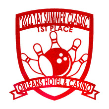 Load image into Gallery viewer, Classy Bowling "Badge" Trophy, Sponsor Appreciation, Family Name Precision Laser Cut Steel Sign, Multi Sizes & Colors