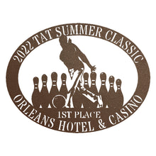 Load image into Gallery viewer, Oval Male/Female Bowler Unique Trophy, Sponsor Appreciation, Monogram Laser Cut Steel Sign, Multi Sizes & Colors