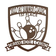 Load image into Gallery viewer, Classy Bowling "Badge" Trophy, Sponsor Appreciation, Family Name Precision Laser Cut Steel Sign, Multi Sizes & Colors