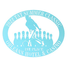 Load image into Gallery viewer, Oval Male/Female Bowler Unique Trophy, Sponsor Appreciation, Monogram Laser Cut Steel Sign, Multi Sizes & Colors